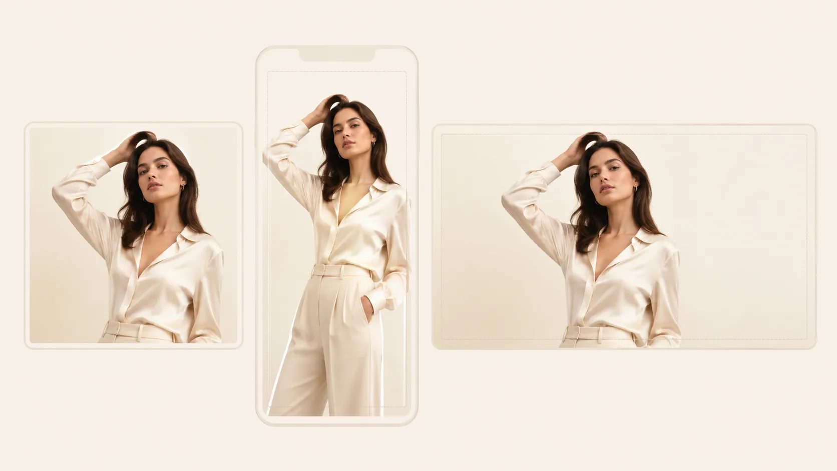 One outfit still planned as feed / story / product-tile crops — placement frames only, no readable UI · illustrative · generated on SupaImagine